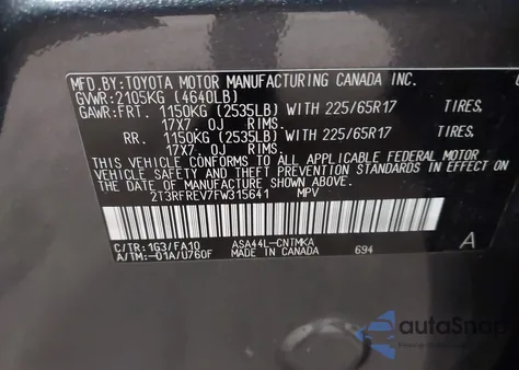2015 Toyota Rav4 Xle from USA, damaged, VIN 2T3RFREV7FW315641